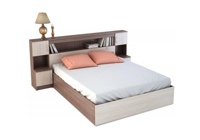 Кровать Бася 1.6 м с прикроватным блоком шимо темный / шимо светлый